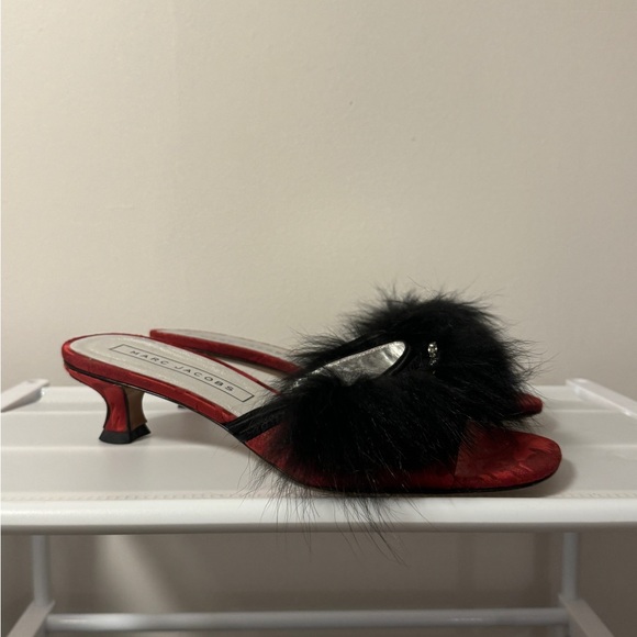 Marc Jacobs red fur sandal mules kitten heel - Picture 2 of 10